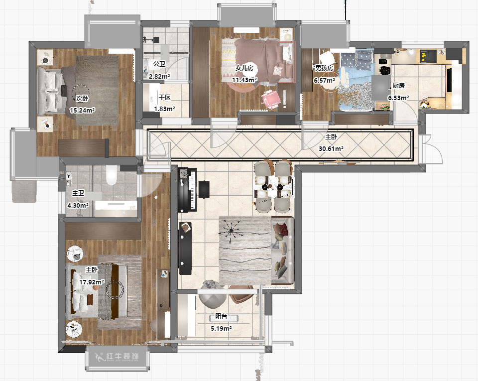 刘小勇｜万和源居4-2-1608-130㎡-现代简约风格｜3室2厅2卫｜老房装修｜定制家｜全包18万｜00_03平面彩图